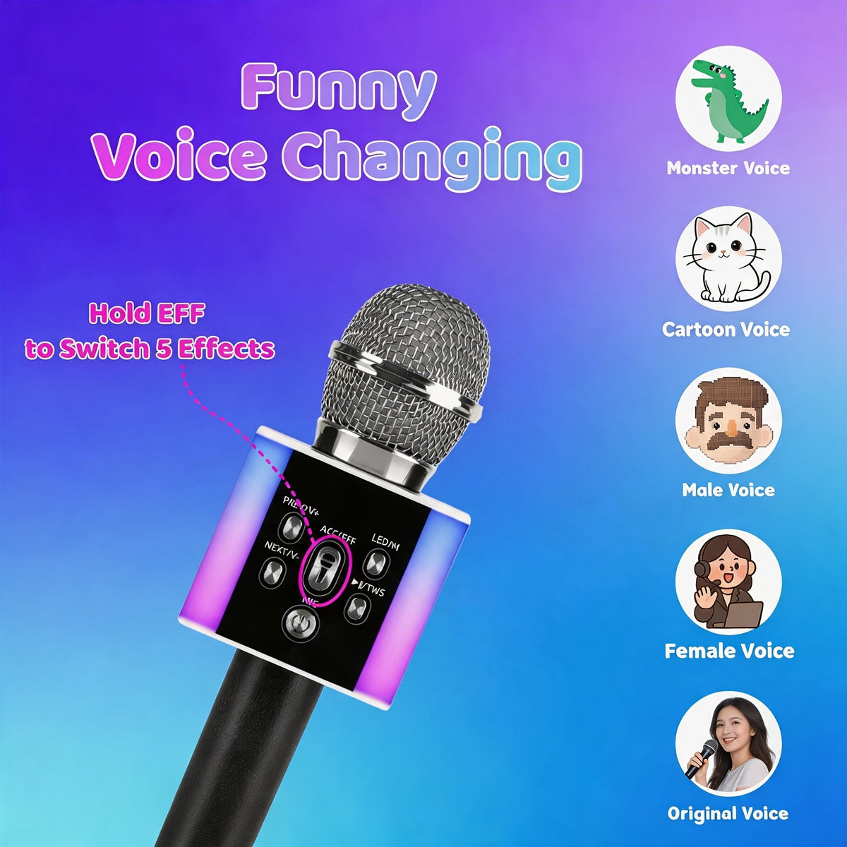 Microphone karaoké sans fil 5-en-1 avec haut-parleur intégré, lumières LED et changeur de voix – Micro de chant Bluetooth portable pour fêtes, réunions de famille, voyages et activités en plein air, 10 couleurs