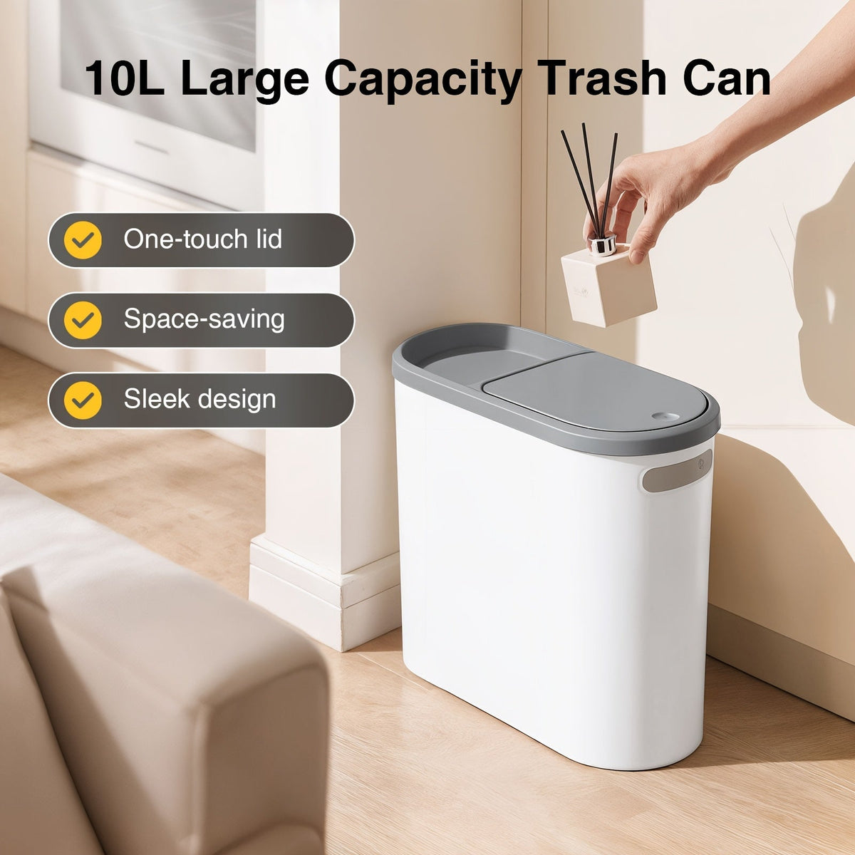Petite poubelle de salle de bain avec poignées intégrées, lot de 1 ou 2 – Corbeille à papier en plastique antirouille, design gain de place pour salle de bain, buanderie et bureau, sacs poubelle inclus