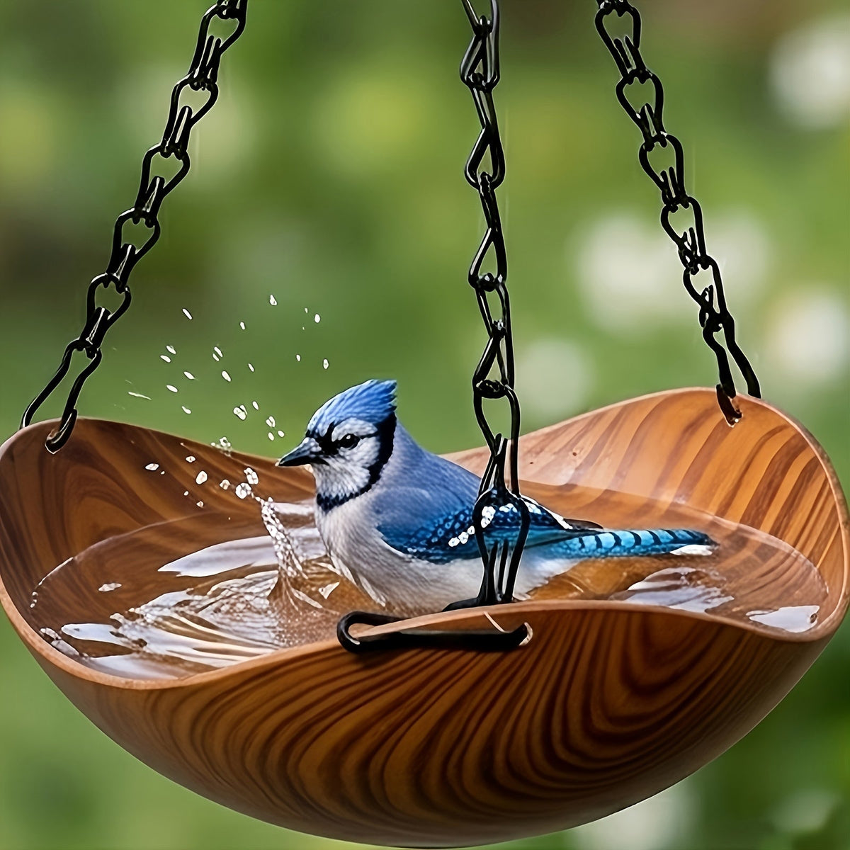 Lot de 2 mangeoires et abreuvoirs suspendus pour oiseaux - Mangeoire à un niveau en forme de bol avec aspect bois, chaîne en métal renforcée et crochet stable, mangeoire de jardin spacieuse pour oiseaux sauvages