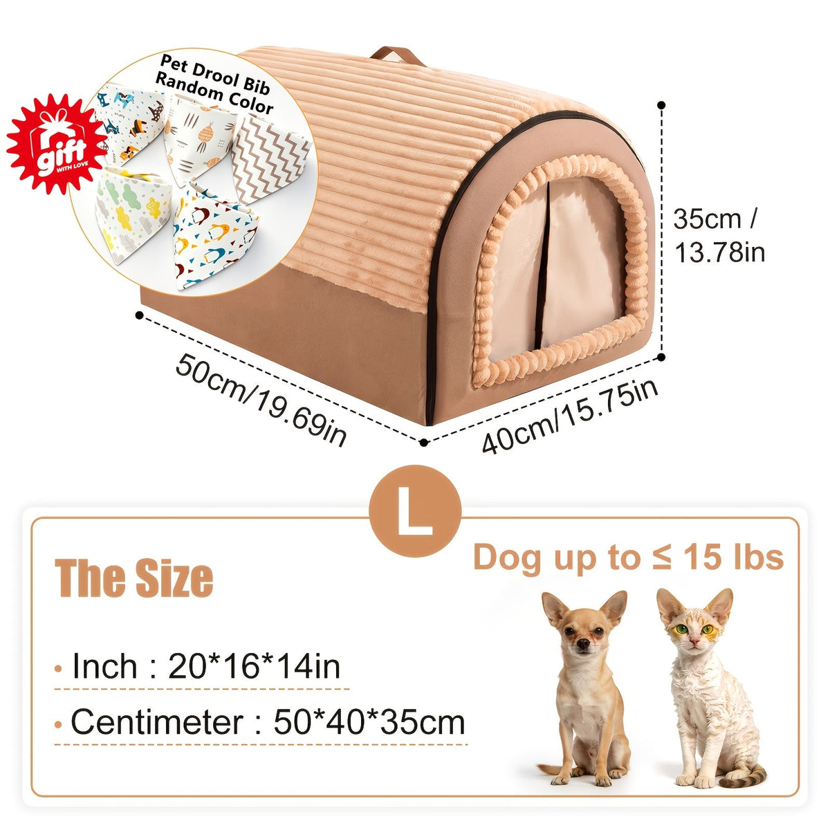 Niche pour chien pliable 2-en-1 toutes saisons – Maison pour animaux entièrement fermée avec poignée, nid douillet, doux et antidérapant, lavable pour chiens et chats de grande, moyenne et petite taille – Bavoir offert – Velora