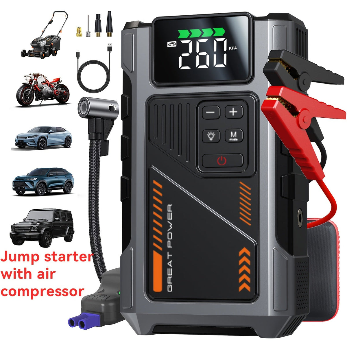 Démarreur de voiture portable 12V avec compresseur d'air en option - Booster de batterie d'urgence pour moteurs essence et diesel, compatible avec berlines, SUV, camions et tondeuses à gazon