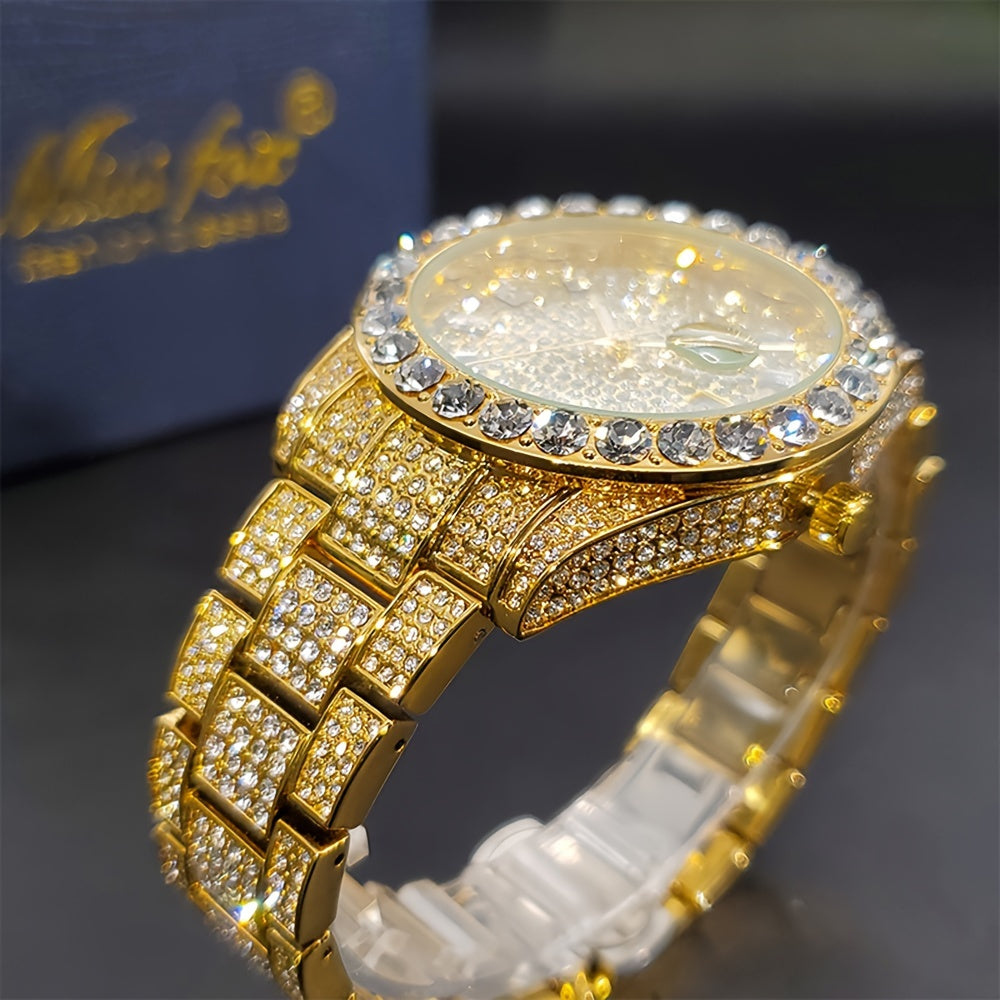Montre à quartz pour homme avec strass, style classique business, affichage de la date, bracelet en alliage de zinc, argenté et doré, style luxueux, cadeau pour lui