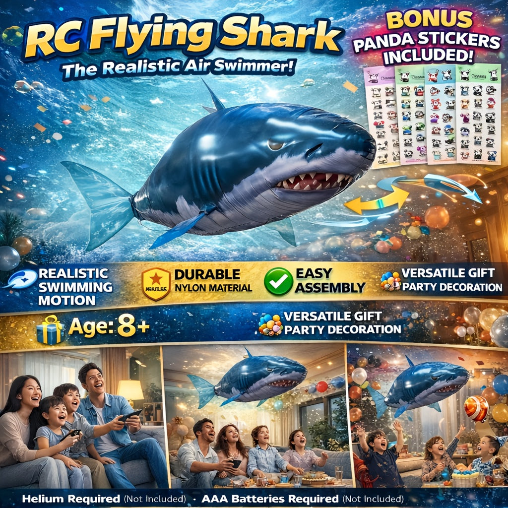 Jouet ballon gonflable requin volant télécommandé, poisson planeur flottant dans les airs, 145 cm, intérieur extérieur, cadeau d'anniversaire, Noël, Halloween pour enfants et adolescents, requin bleu ou poisson-clown orange