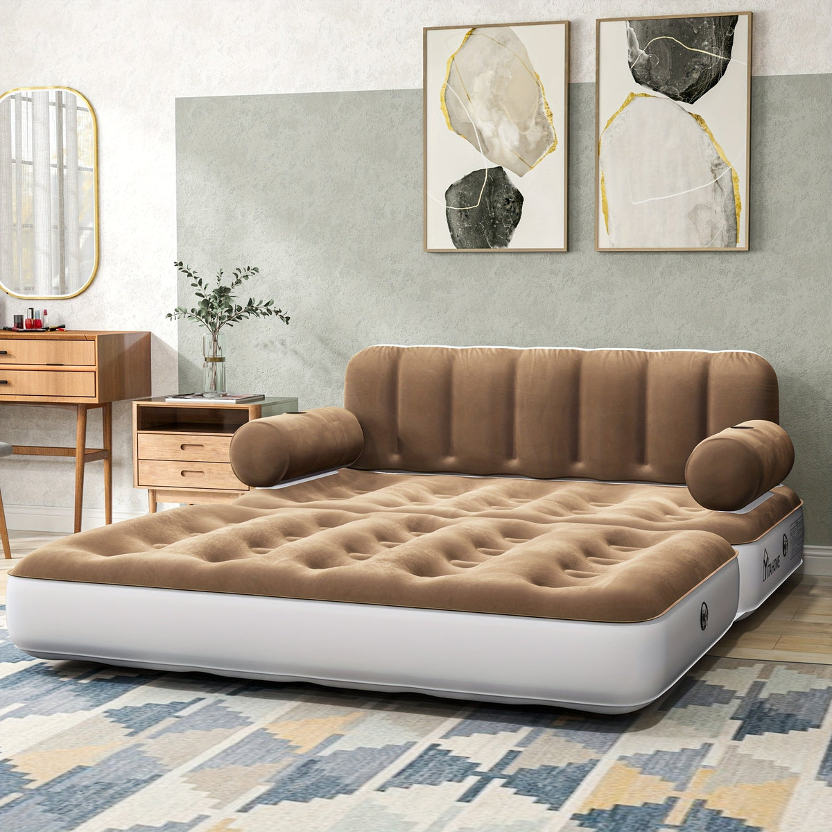 Canapé-lit gonflable 2-en-1 taille Queen – Canapé et matelas pneumatique portables avec tête de lit, porte-gobelets, pompe externe et sac de rangement, capacité de 200 kg pour la maison, le camping et les invités