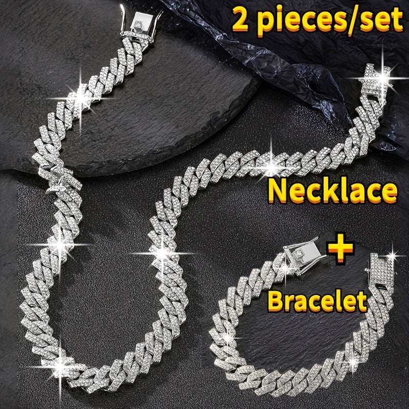 Cuban Link Chain Jewelry Set for Men 2pcs β Hip Hop Miami Bling Necklace and Bracelet Set, Luxury Fashion Streetwear Accessories, Perfect Birthday Anniversary Gift for Him