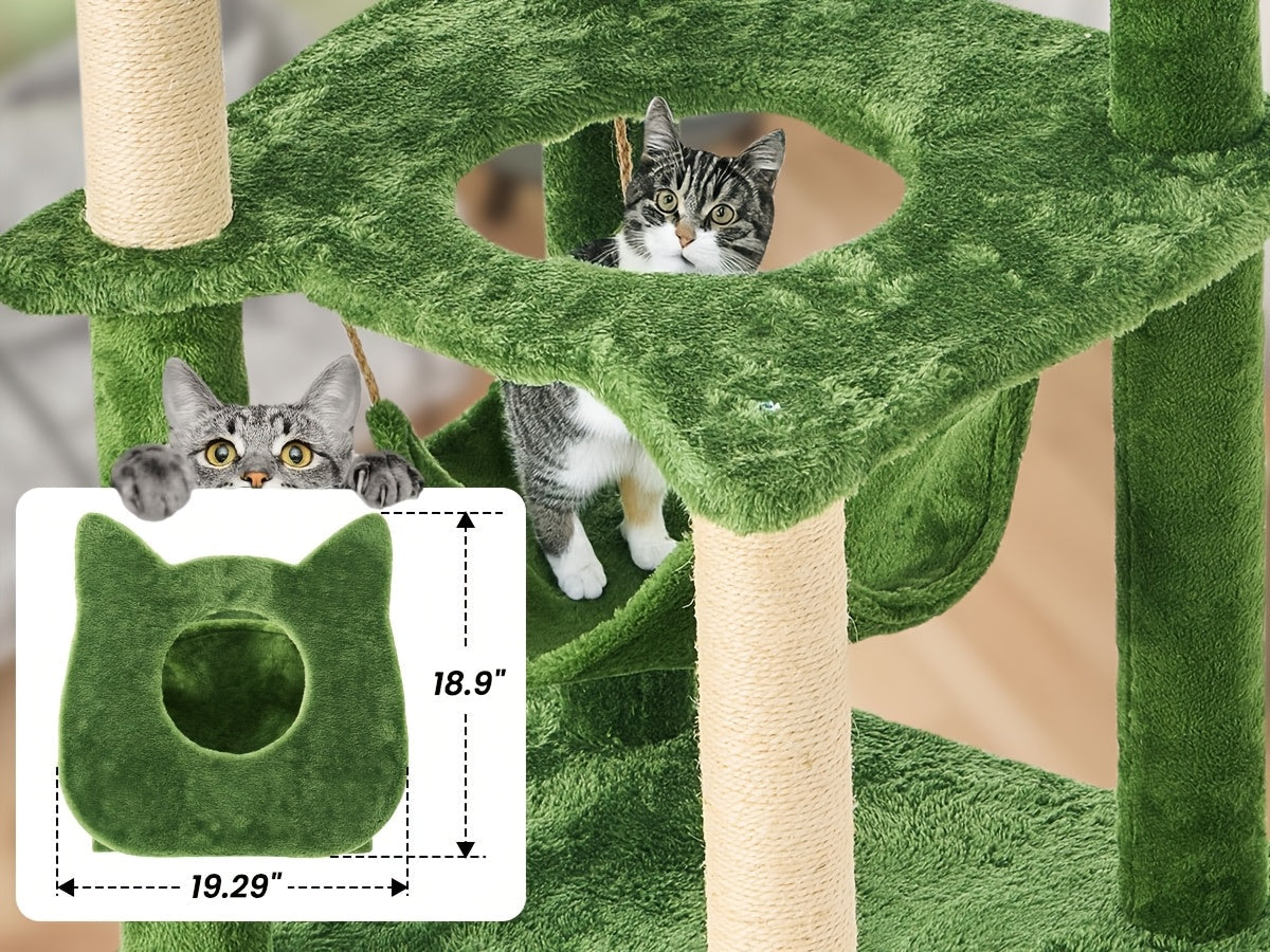 Arbre à chat de 140 cm pour chats d'intérieur avec feuilles vertes – Grande tour à chat multi-niveaux avec hamac, poteaux à griffer en sisal, jouet à suspendre, mobilier pour chat pour salon et chambre