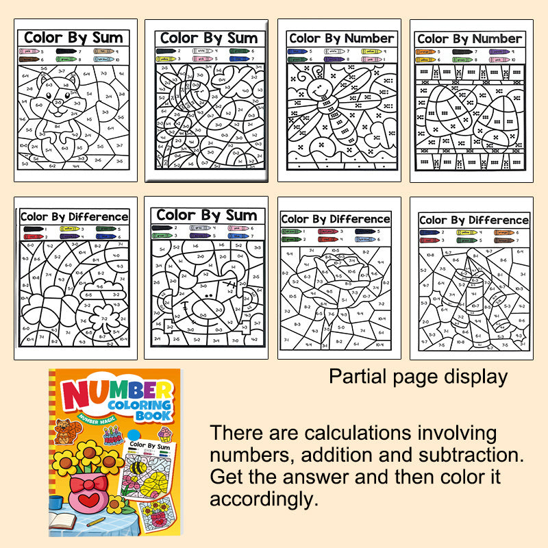 Livre de coloriage par numéro pour enfants - Livre de coloriage avec exercices d'addition et de soustraction, kit créatif d'apprentissage du dessin, cahier d'exercices éducatif et ludique pour garçons et filles de 3 à 8 ans