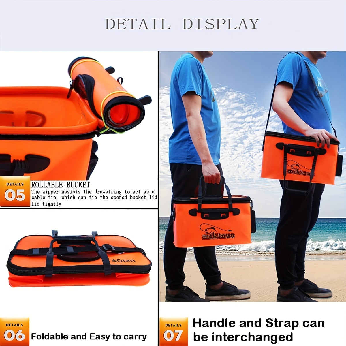 Seau de pêche pliable de 25 L – Conteneur à appâts vivants en EVA, sac de conservation de poissons multifonctionnel et portable pour la pêche à la carpe et en eau douce, cadeau pour homme (bleu/orange)