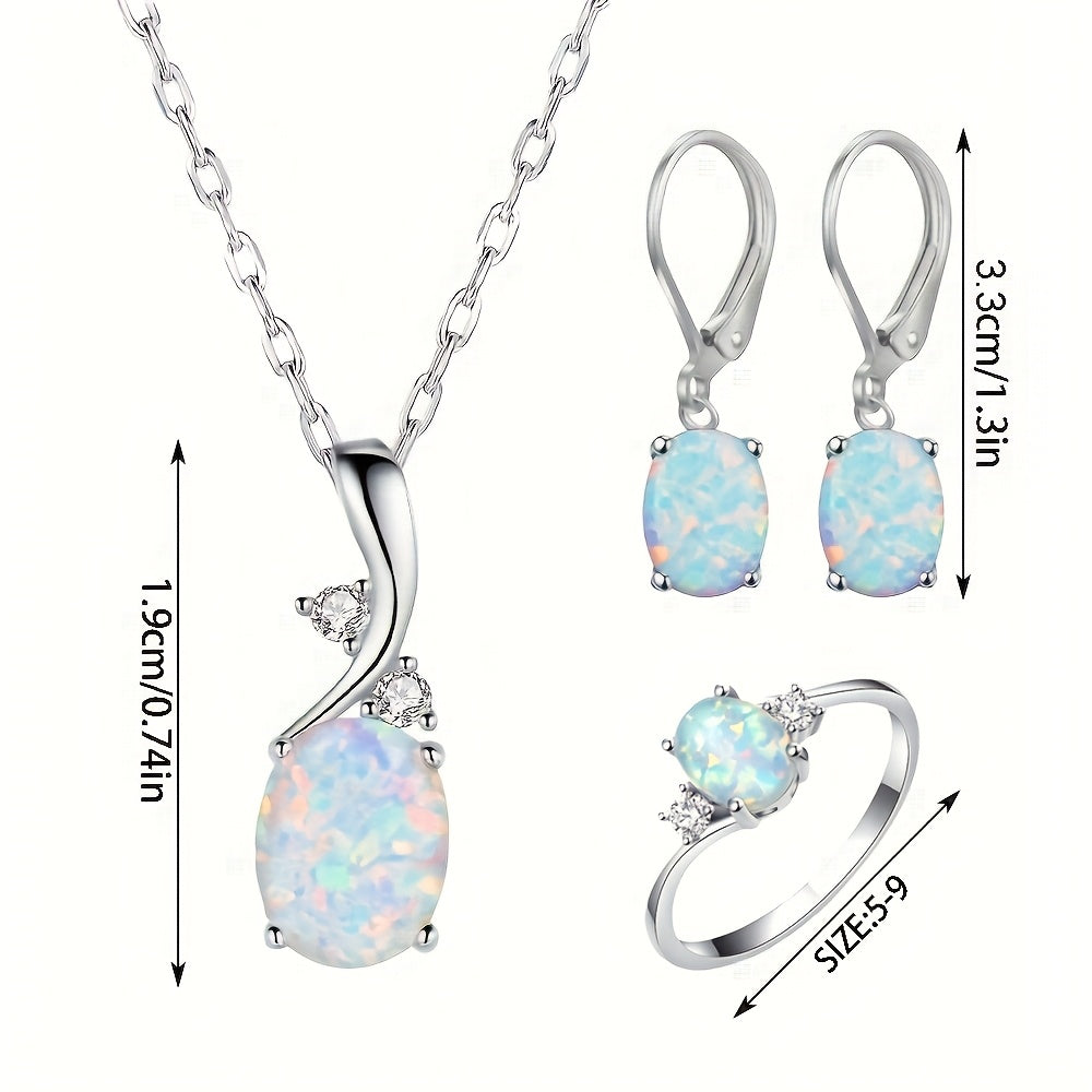 Parure de bijoux 4 pièces en argent 925 et opale en forme de goutte d'eau pour femme – Collier, boucles d'oreilles et bague bohème élégants, bijoux de soirée de luxe avec pendentif en opale iridescente, tailles 54-60