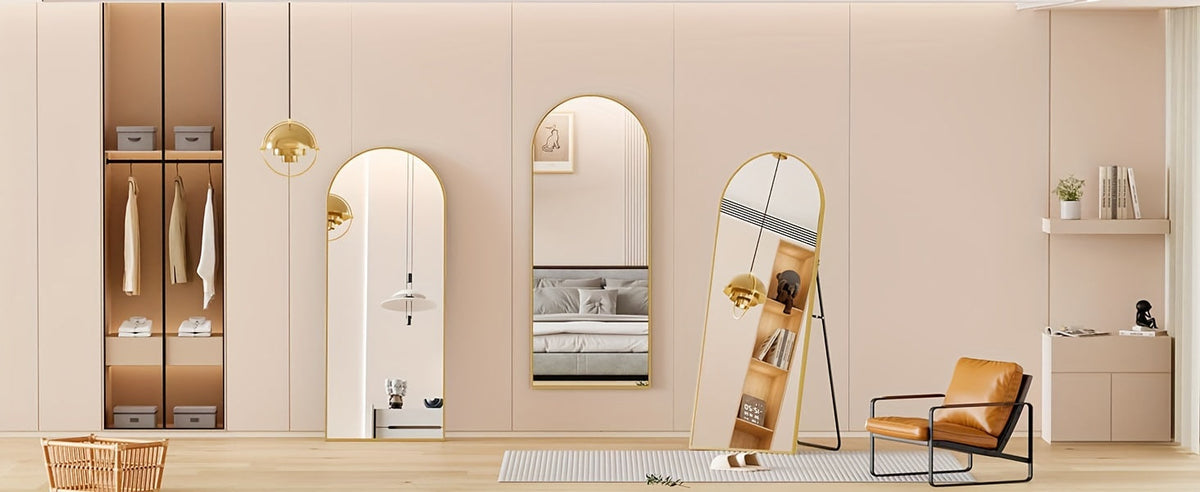 Miroir sur pied pleine longueur avec lumières LED - Sommet arqué et rectangulaire, cadre en aluminium, miroir habillage sur pied de 180 cm pour chambre et salon, noir or blanc, verre trempé de 5 mm