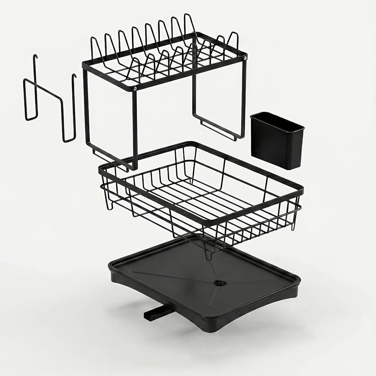 Égouttoir à vaisselle à 2 niveaux pour comptoir de cuisine avec plateau d'égouttage, tapis de drainage, porte-couteaux, porte-fourchettes, porte-gobelets, organisateur d'ustensiles, accessoire de cuisine, cadeau pour femme pour la fête des mères