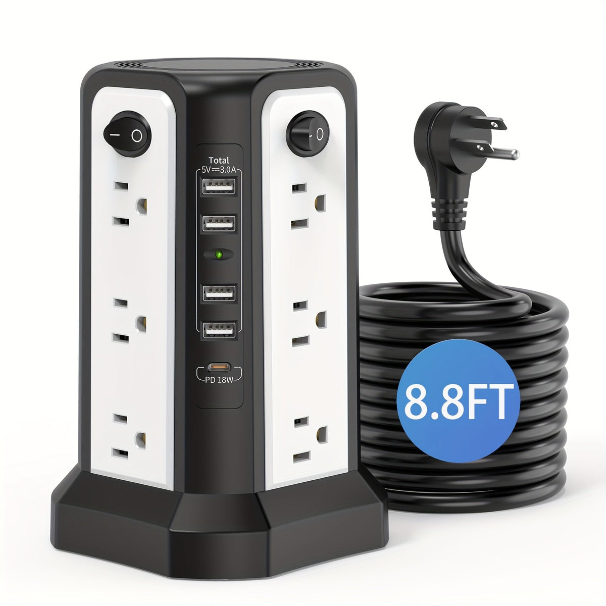 Tour multiprise, 16 prises CA, 5 ports USB, USB-C PD 20W, parafoudre 1500J, prise plate, rallonge de bureau