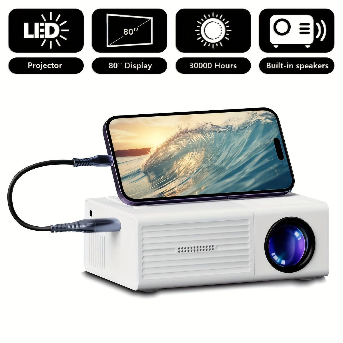 Mini projecteur portable, prise en charge 4K, natif 720P LCD – Projecteur de cinéma maison et d'extérieur compatible avec iPhone, Android, ordinateur portable, USB, HDMI pour jeux, films et présentations