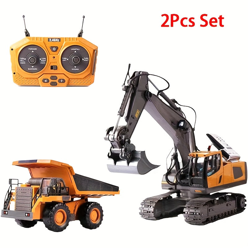 Ensemble de pelleteuse télécommandée avec pelle en métal, lumières LED, batterie 1200 mAh, camion de construction radiocommandé, bulldozer, camion à benne et chargeuse, cadeau d'anniversaire ou de Noël pour garçons à partir de 6 ans