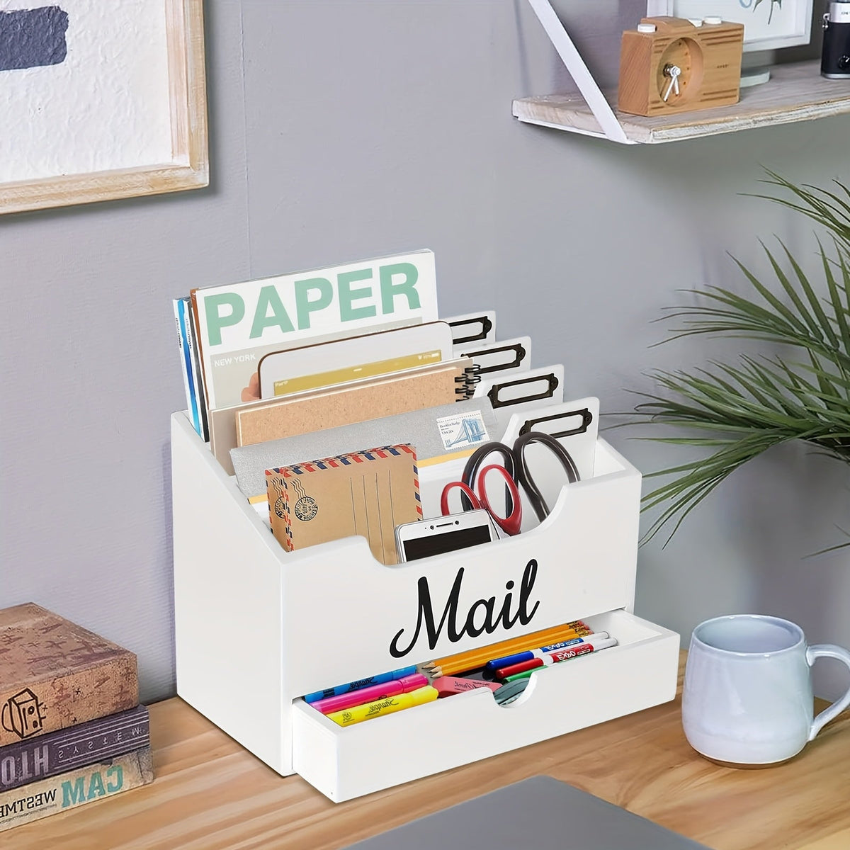 Grand organisateur de courrier de bureau en bois massif avec tiroir, 4 compartiments et séparateurs étiquetables pour dossiers, lettres et papier, organisateur de bureau pour bureau à domicile, étudiants et professionnels