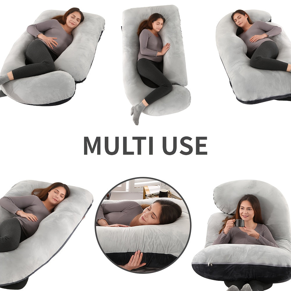 Oreiller de maternité en forme de J, coussin de grossesse corps entier avec taie d'oreiller – soutien du dos, des jambes et du ventre pour un sommeil réparateur, tailles 41" et 60", coloris et tissus variés, idéal comme cadeau de naissance