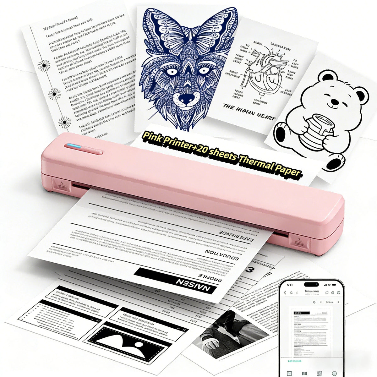 Imprimante thermique portable sans fil A4 sans encre – Imprimante de voyage compacte pour iPhone, Android et ordinateur portable – Compatible avec papier plié, rouleau et papier transfert de tatouage – Maison, bureau, école