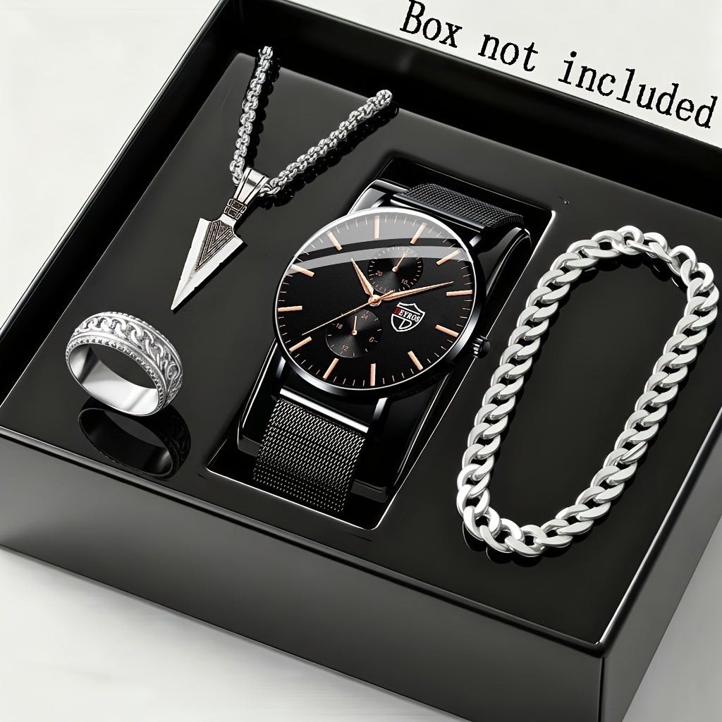 Coffret cadeau montre à quartz et bracelet pour homme, 4 pièces - Montre élégante à boîtier en alliage et cadran rond, style sport, décontracté et professionnel, avec bracelet assorti pour le quotidien, les anniversaires et les fêtes.