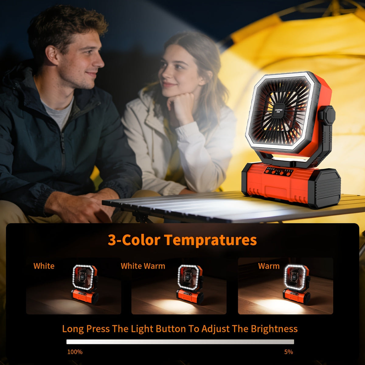 Ventilateur de camping portable 20 000 mAh avec télécommande, lumières LED, 4 vitesses et rotation à 360° – Ventilateur oscillant rechargeable sur batterie pour camping en plein air, camping-car et voyage