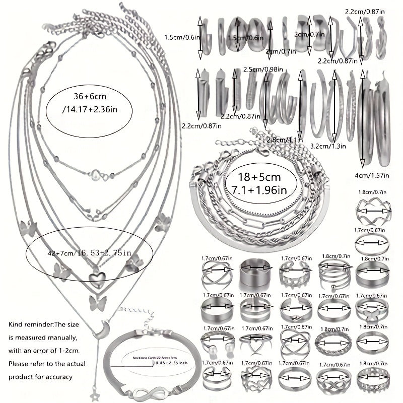 Ensemble de 57 bijoux bohèmes pour femme - Bracelets, bagues, bracelets de cheville, boucles d'oreilles et colliers, accessoires élégants en superposition dorés et argentés pour le quotidien, les vacances, la plage, les festivals et comme cadeau