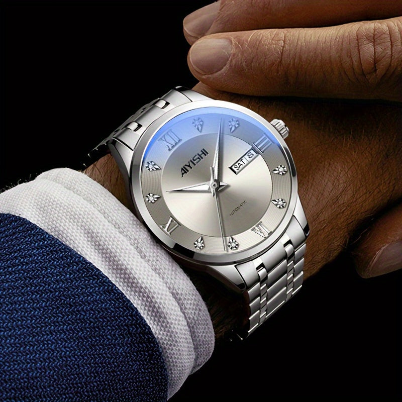 Montre à quartz de luxe pour homme, cadran tourbillon en acier inoxydable, affichage de la date, luminescence nocturne, montre sport et habillée, garde-temps élégant, cadeau de fête des pères pour homme