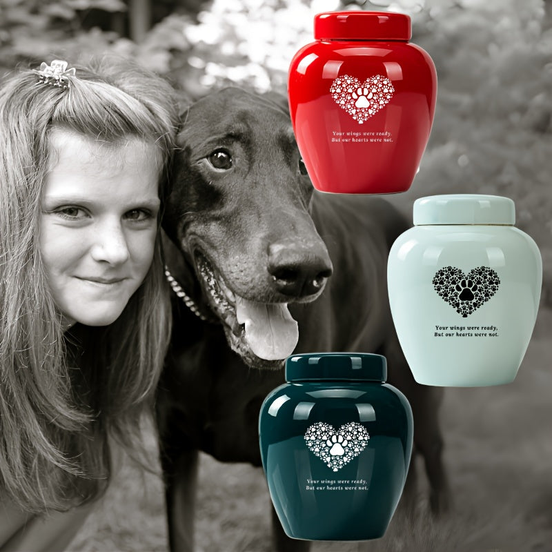 Urne funéraire pour animal en céramique, grande capacité - Urne souvenir de crémation pour chien et chat de haute qualité, gravée « Your Wings Were Ready But Our Hearts Were Not », urne durable pour le deuil, vert foncé