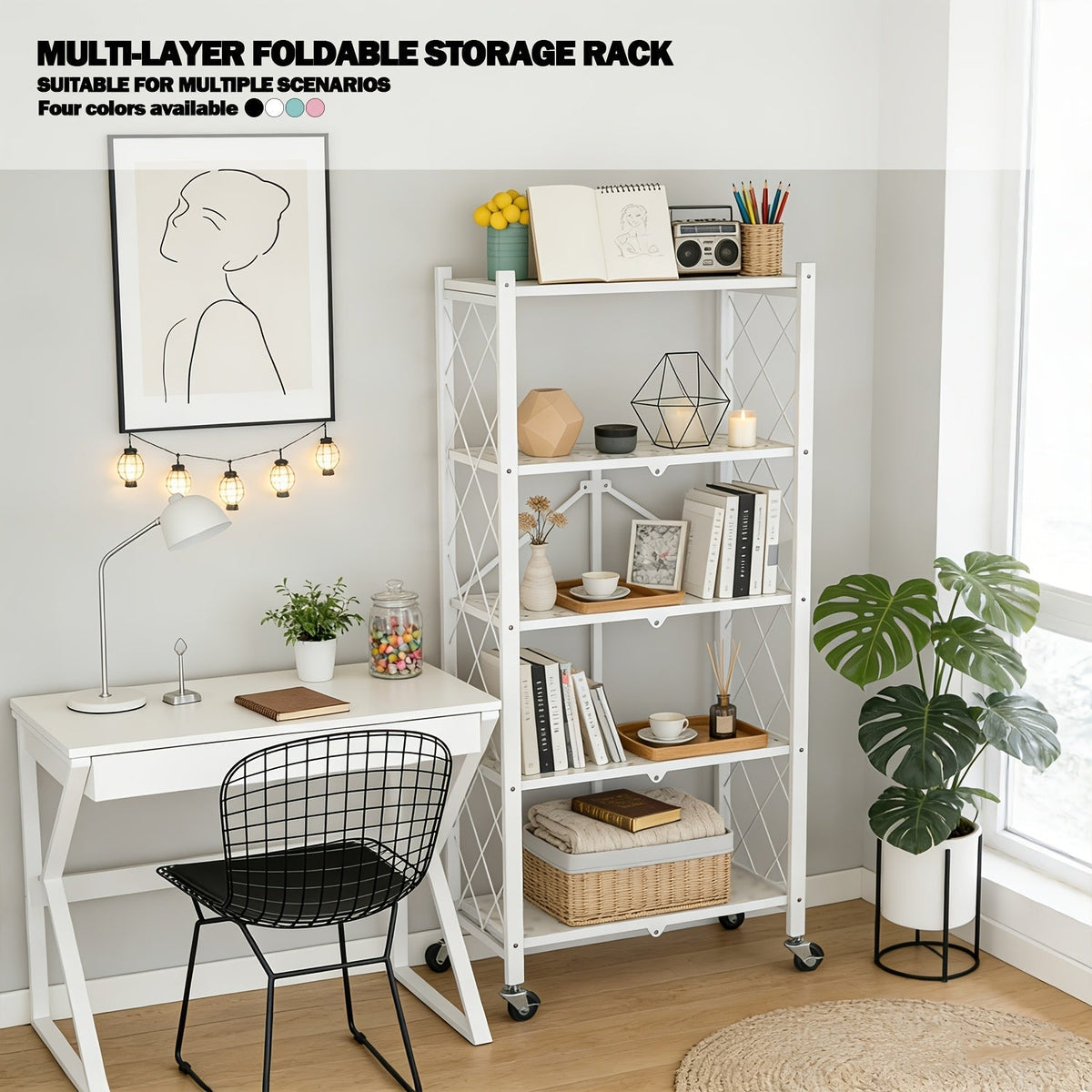 Heavy Duty Folding Storage Rack with Wheels β 3/4/5-Tier Portable Floor-Standing Shelf, No Assembly Required, for Home, Office, Bedroom & Dorm, 4 Colors Available