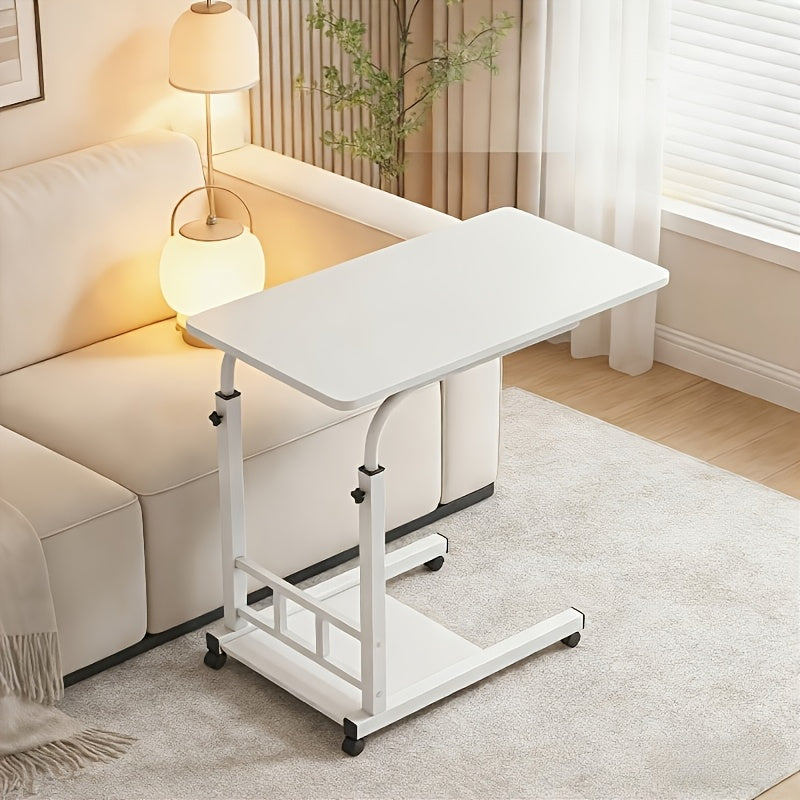 Table pour ordinateur portable réglable en hauteur avec 4 roulettes et double étagère – Bureau poste de travail mobile pour chevet, dortoir, bureau, salon, structure en acier robuste, design gain de place
