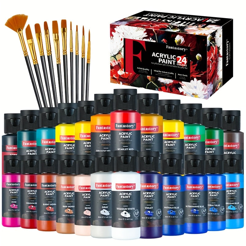 Ensemble de peinture acrylique professionnelle, 24 couleurs, grand format 60 ml, avec 12 pinceaux – Peintures acryliques riches en pigments et épaisses pour toile, bois, pierre, verre et céramique – Fournitures d'art pour débutants et artistes