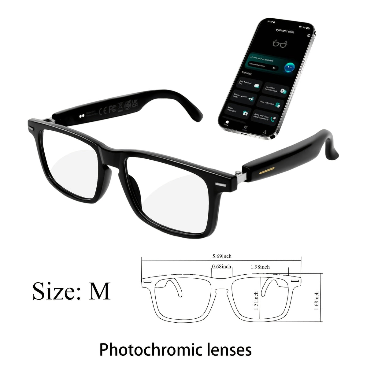 Lunettes intelligentes avec traduction instantanée en 160 langues, assistant GPT, audio Bluetooth 5.2, appels mains libres, lecture de musique, verres photochromiques et anti-lumière bleue – Technologie portable unisexe