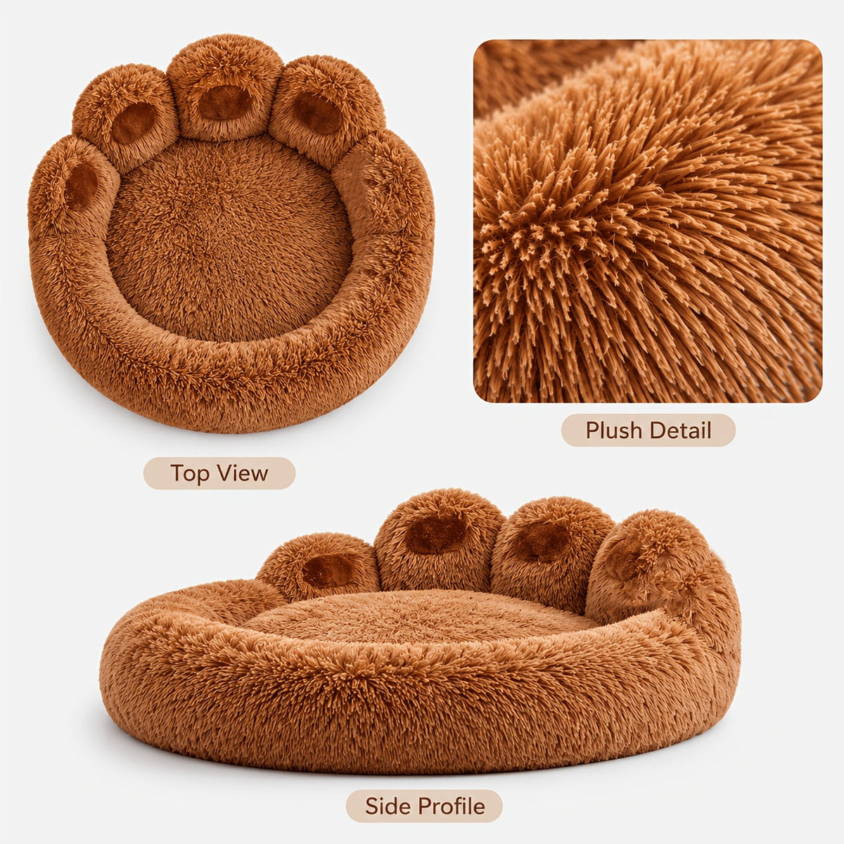 Panier rond pour chien et chat motif patte d’ours – Lit apaisant et doux pour animal de compagnie, antidérapant, chaud et confortable, petit, moyen, grand modèle, 50/60/70/90 cm, café/rose/gris
