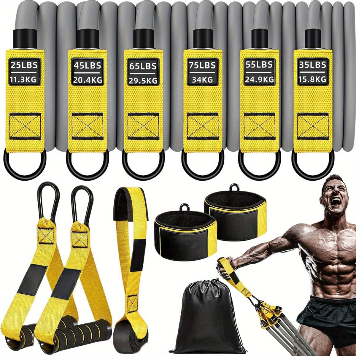 Ensemble de bandes de résistance robustes de 136 kg, kit de musculation pour salle de sport à domicile avec poignées, ancrage de porte et sangles de cheville, entraînement complet du corps pour le renforcement musculaire, la tonification et la rééducation