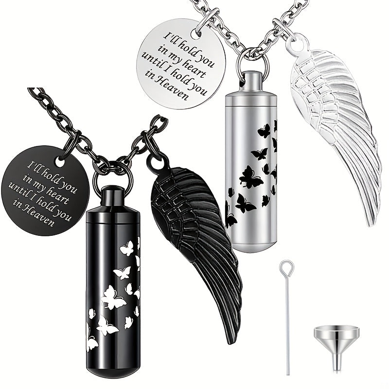 Collier urne cylindrique pour cendres - Pendentif commémoratif en acier inoxydable avec papillon et aile d'ange, bijou de crémation pour perte d'animal de compagnie ou d'être cher, pour femmes et hommes (argenté)