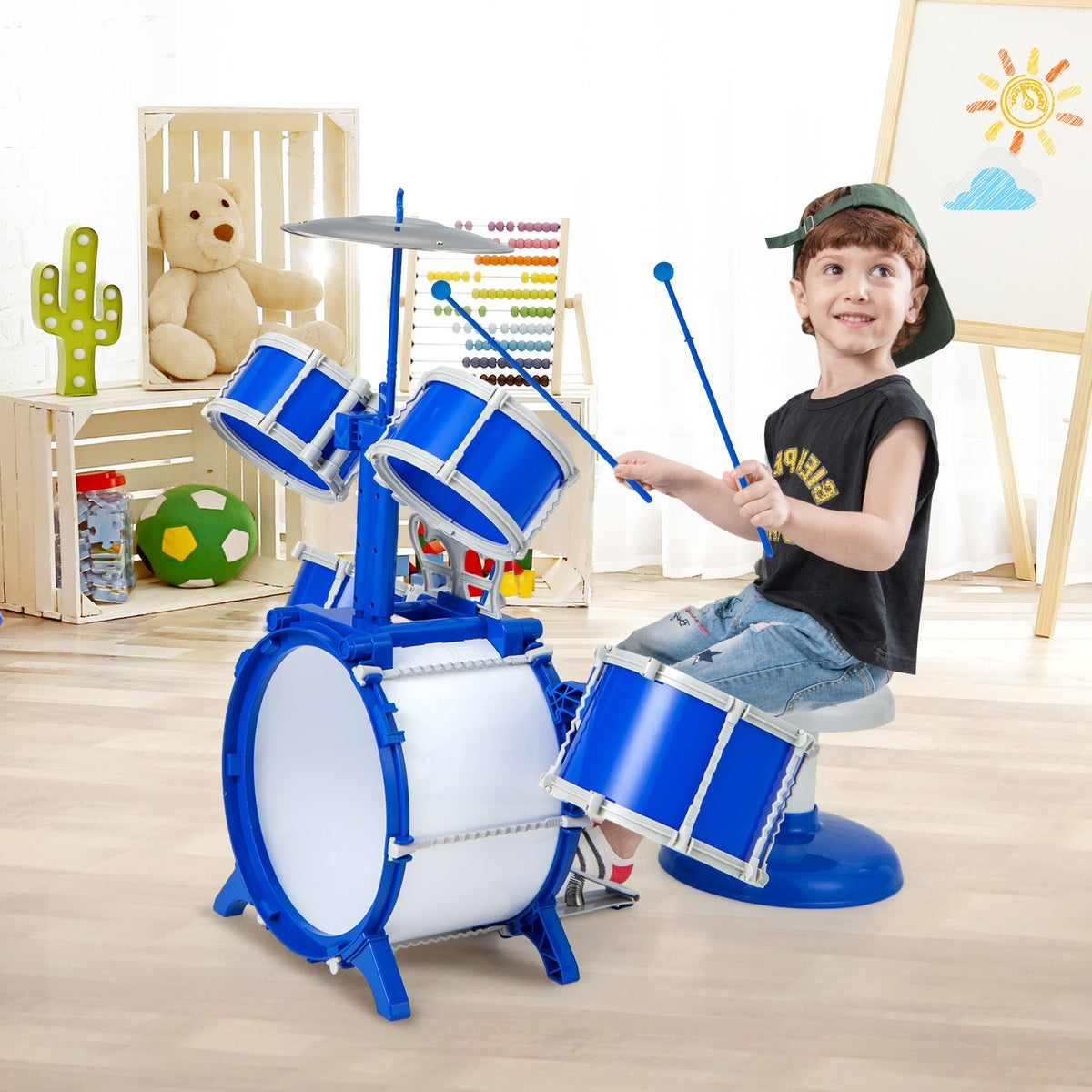 Batterie pour tout-petits et enfants - Kit de jazz complet avec grosse caisse, 2 toms, 2 caisses claires, cymbale, pédale à ressort, baguettes, pupitre et tabouret | Cadeau de percussion pour débutants, garçons et filles