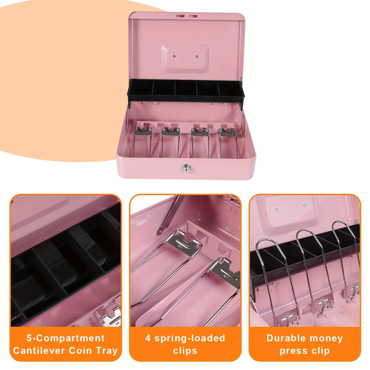 Grande caisse verrouillable avec plateau à monnaie – Coffre de sécurité en métal avec 6 accessoires pour caisse enregistreuse, maison, bureau et entreprise, 6 couleurs, options de verrouillage à clé et à combinaison