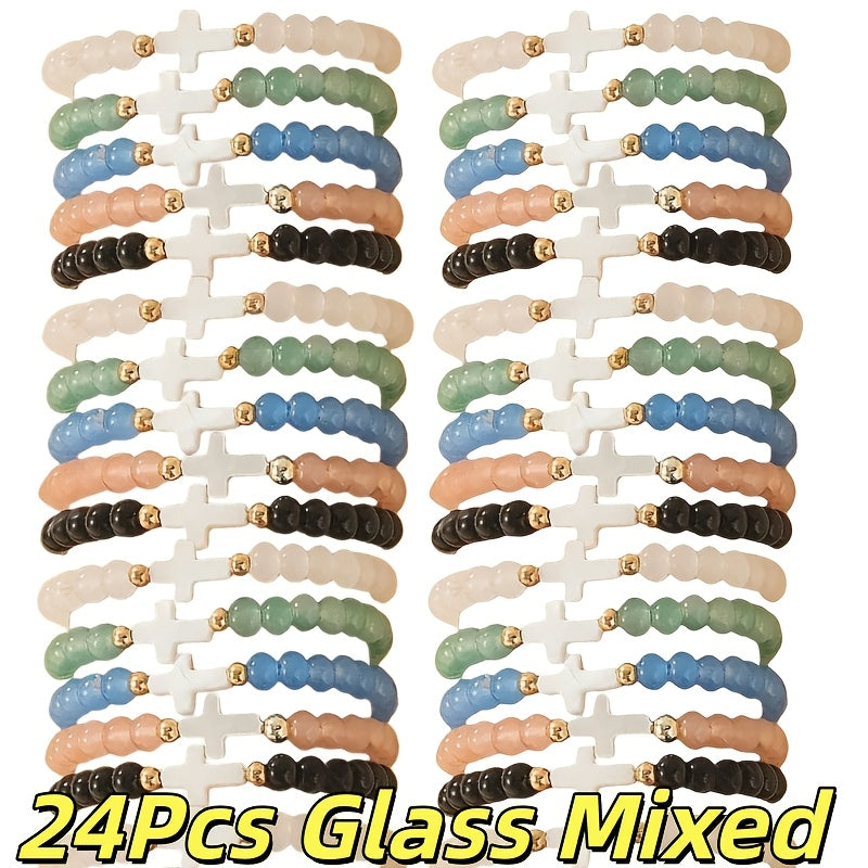 Lot de 24 bracelets élastiques bohèmes à breloques croix – Bracelets extensibles colorés avec breloques croix en résine et verre, lot en gros pour le quotidien, les vacances, les fêtes et les cadeaux de fin d'année