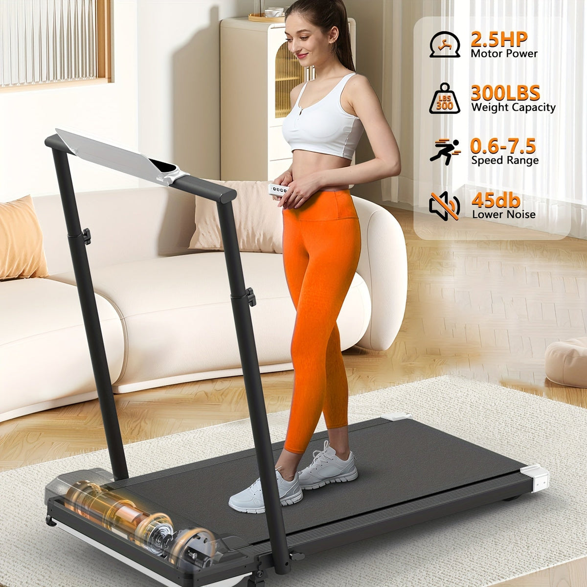 Tapis de marche pliable avec inclinaison et poignées – Tapis de course portable sous bureau pour la maison et le bureau, capacité de 136 kg, tapis de marche compact et silencieux avec inclinaison pour la perte de poids et le cardio