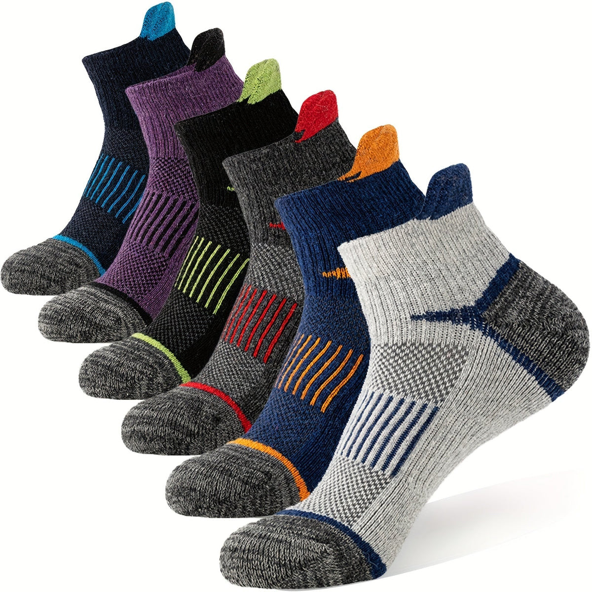 Lot de 6 paires de chaussettes de randonnée en laine mérinos pour hommes et femmes, chaussettes de course et de travail à cheville rembourrée avec soutien de compression, design invisible, respirant et absorbant l'humidité – Excellente idée cadeau