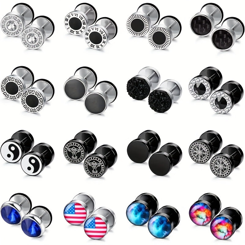 Lot de 16 fausses boucles d'oreilles écarteurs pour hommes et femmes – Clous d'oreilles style plug en acier inoxydable 316L, 8 mm, styles variés noirs et argentés, ensemble de boucles d'oreilles hypoallergéniques, idéal pour un cadeau