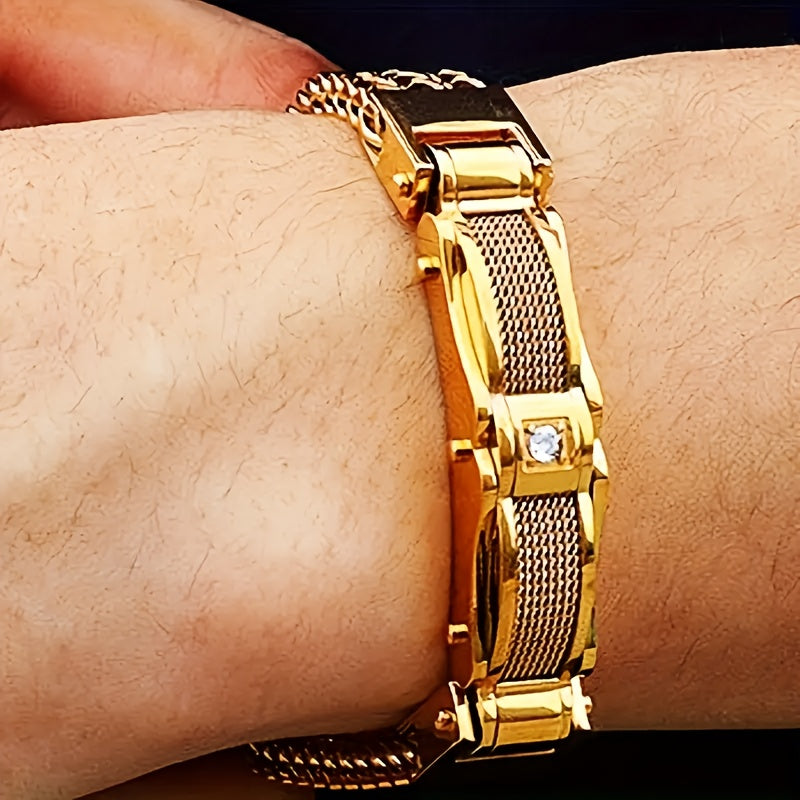 Bracelet de motard hip-hop pour homme en acier inoxydable, style punk rock, avec fermoir magnétique et pierres synthétiques, bijou pour soirée en boîte de nuit ou mariage