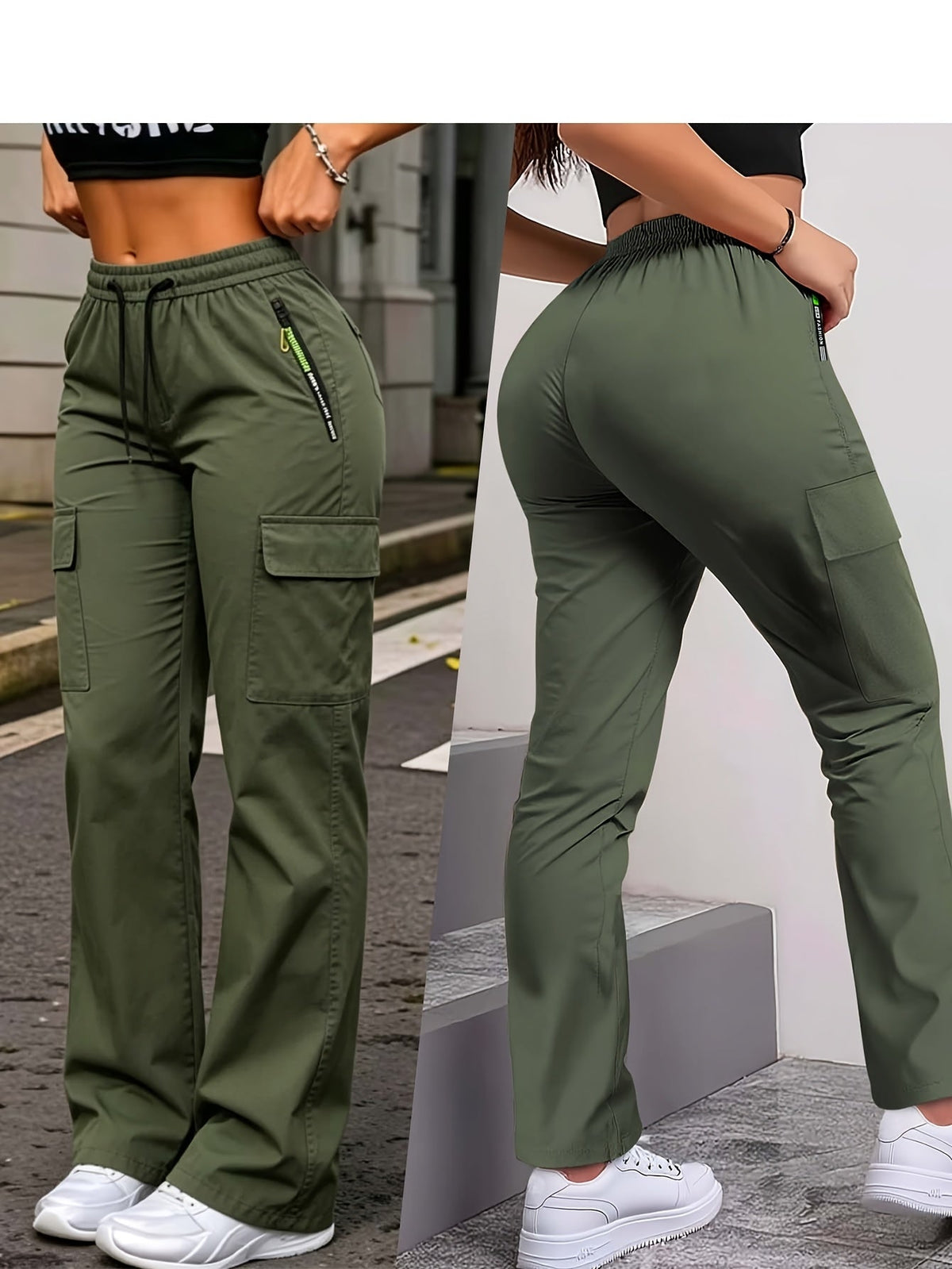 Pantalon cargo multipoches pour femme – Détails zippés vert néon, taille à cordon de serrage, pantalon outdoor pleine longueur pour le voyage, 4 coloris, tailles XS à XXL, streetwear décontracté printemps-automne