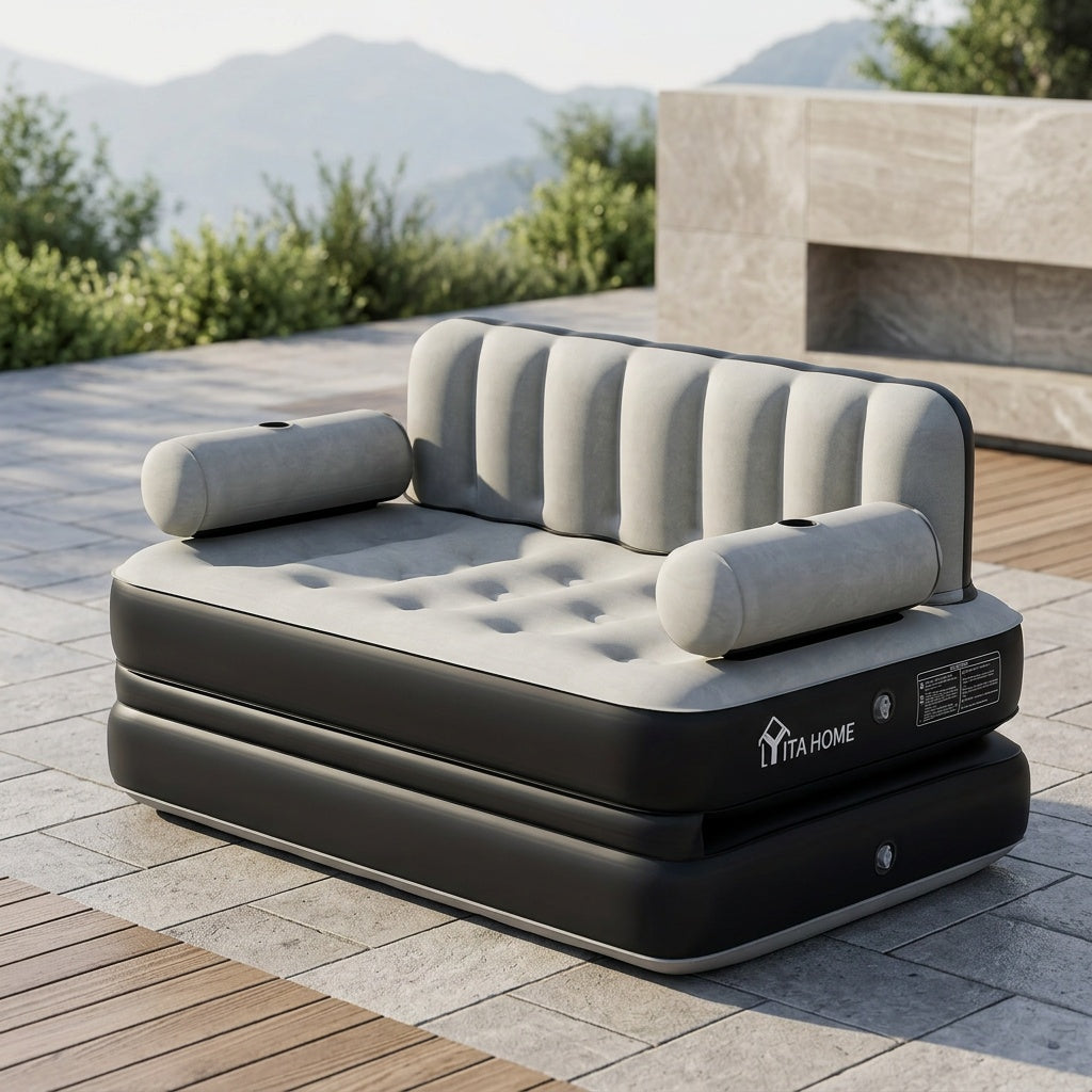 Canapé-lit gonflable 2-en-1 taille Queen – Canapé et matelas pneumatique portables avec tête de lit, porte-gobelets, pompe externe et sac de rangement, capacité de 200 kg pour la maison, le camping et les invités