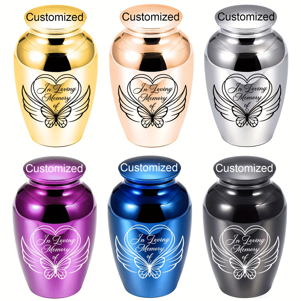 Mini urne funéraire personnalisée pour cendres - Urne souvenir en alliage d'aluminium avec motif cœur, ange et papillon pour cendres humaines et d'animaux, petit reliquaire commémoratif, options de couvercle argent, or ou violet