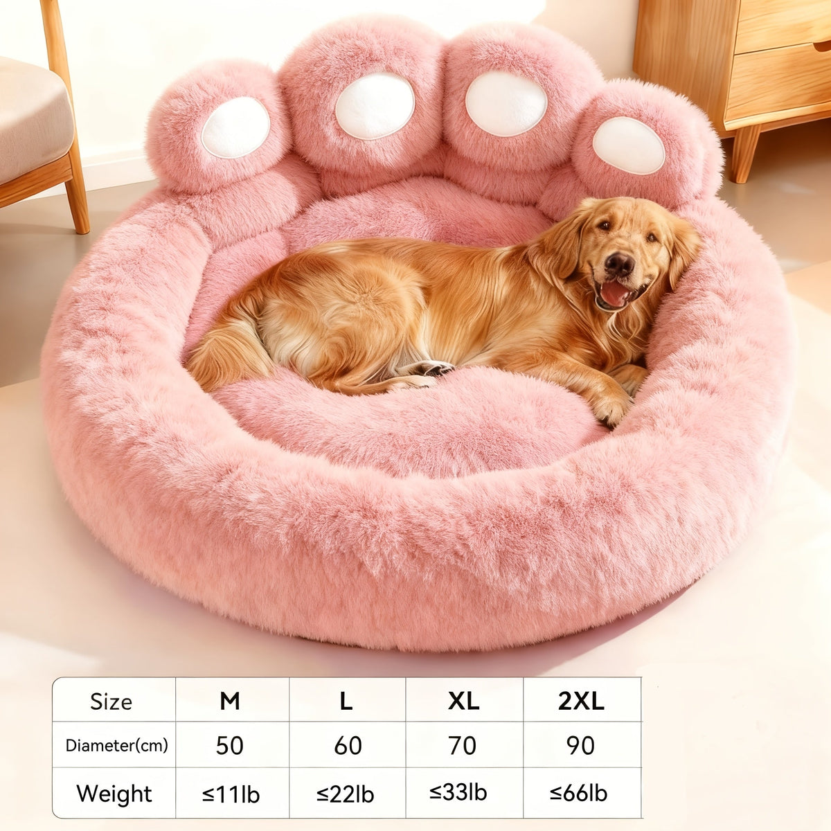 Panier rond pour chien et chat motif patte d’ours – Lit apaisant et doux pour animal de compagnie, antidérapant, chaud et confortable, petit, moyen, grand modèle, 50/60/70/90 cm, café/rose/gris