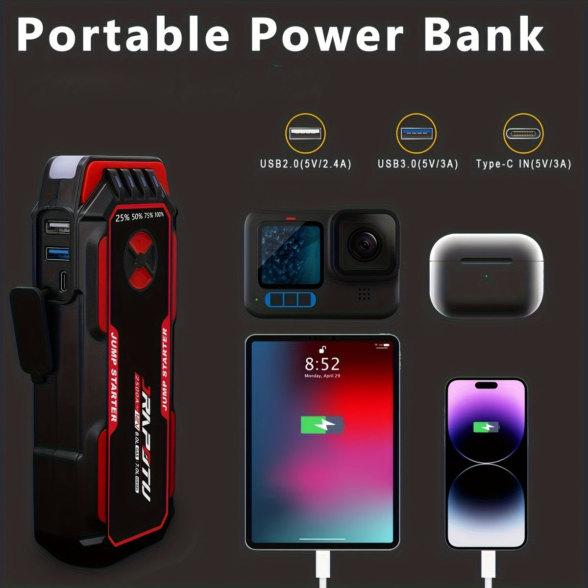 Démarreur de voiture portable 2500A crête | Booster de batterie 12V 8000mAh-10000mAh, jusqu'à 30 démarrages, ports de charge USB et lampe de poche LED – Convient aux moteurs essence 7.0L et diesel 8.0L, camions, SUV, motos