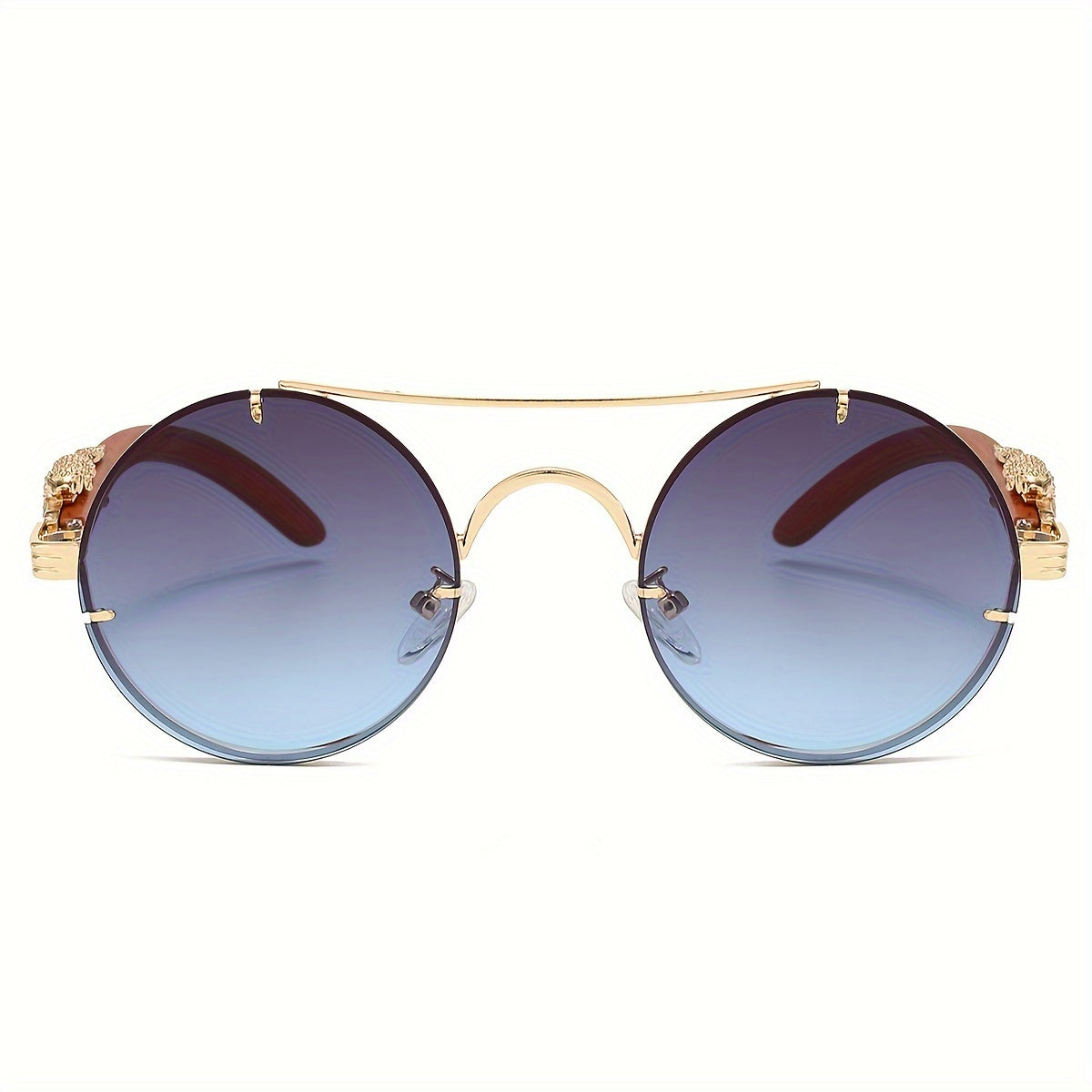 Lunettes de soleil rondes à monture en métal avec verres dégradés pour hommes et femmes – Luxe, double pont, détails léopard sur les charnières, verres en polycarbonate dégradés, étui inclus, style chic pour les vacances et la ville