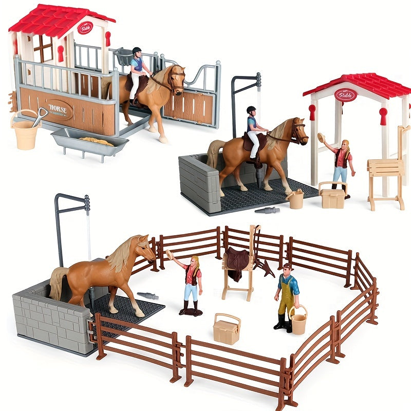 Ensemble de jeu Deluxe Ferme et Ranch avec écurie et chevaux – Scène d'équitation en PVC avec cavalier, chevaux, clôture et accessoires de cow-boy | Jouet d'imitation pour garçons et filles | Cadeau d'anniversaire ou de Noël
