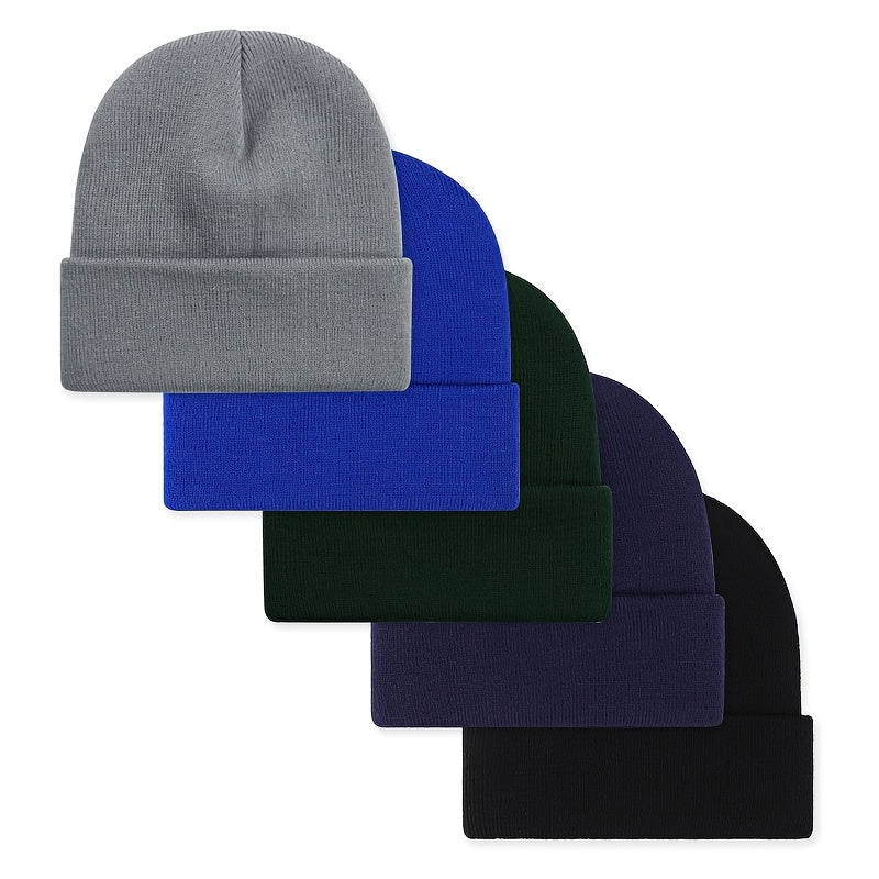Lot de 5 bonnets unisexe en tricot pour hommes et femmes - Bonnets chauds, coupe-vent et doux en acrylique pour le ski en hiver, les activités en extérieur et le quotidien, bonnets légers et extensibles à revers, excellente idée cadeau