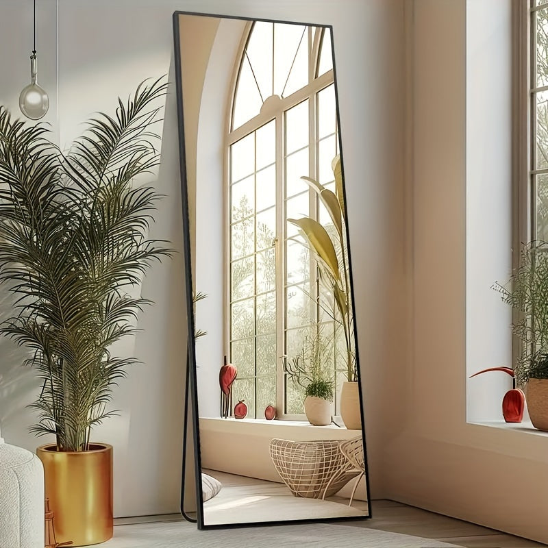 Miroir sur pied pleine longueur avec lumières LED - Sommet arqué et rectangulaire, cadre en aluminium, miroir habillage sur pied de 180 cm pour chambre et salon, noir or blanc, verre trempé de 5 mm