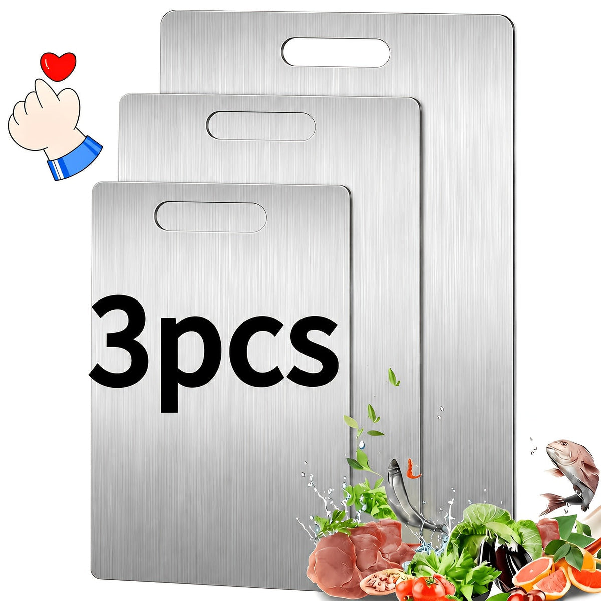 Ensemble de 3 planches à découper en acier inoxydable, de qualité supérieure, sans BPA, résistantes à la rouille, faciles à nettoyer et peu encombrantes, pour la préparation de viandes, légumes et fruits.